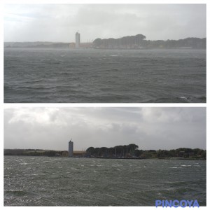 Erst die Warmfront mit Regen, dann der Wind mit der Kaltfront.