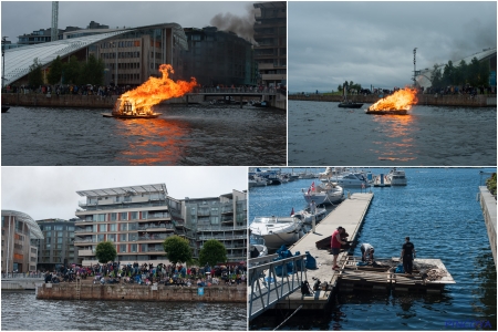 „Pragmatisches Mittsommernachtsfeuer im Osloer Hafen. Morgens wir aufgeräumt. “