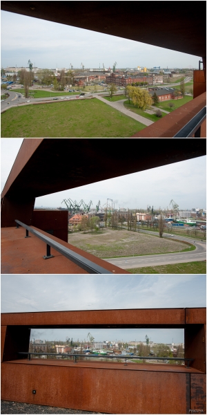 „Ein Blick von dem Dach des Solidarmosc-Zentrum auf das Geländer der ehemaligen Lenin-Werft.“