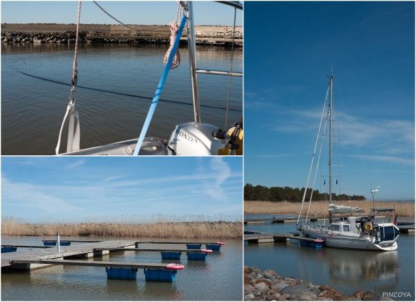 „Überraschung im Hafen (oben links), erst im letzten Moment sehen wir das fast ganz unter Wasser liegende Rohr eines Saugbaggers, der in einer anderen Ecke des Hafen arbeitet. Das war knapp, hat aber dann doch gepasst.“