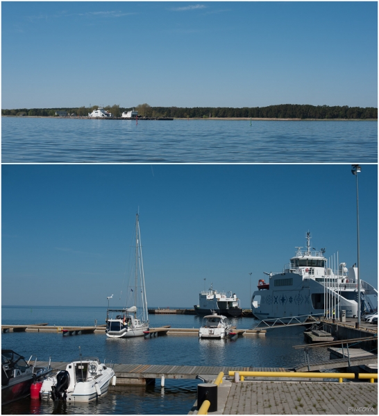 „Der Hafen von Kihnu mit tatsächlich einem weiteren Gast. Der ist aber Este und fährt nachmittags wieder nach Hause.“