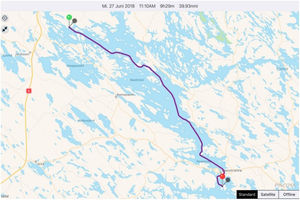 „von Jokilahti via Savonlinna -> in die Bucht Pieni-Simuna“