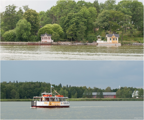 „Badehäuschen vor Turku und der Wasserbus, auf Finnisch Vesibussi.“