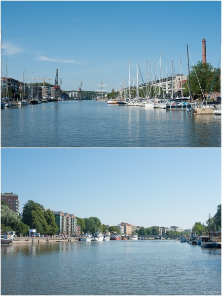 „Von der kleinen Fähre aus ein Blick den Aurojoki abwärts und aufwärts.“