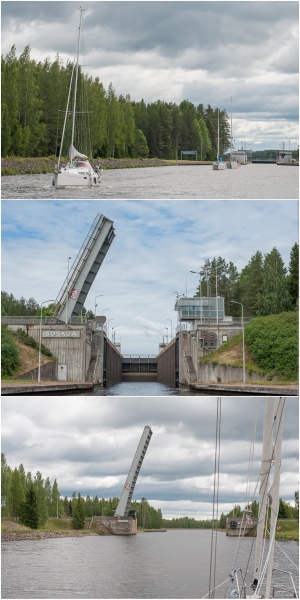 „Oben: die ersten nicht-finnischen Segler hier oben, ein Norweger und ein Engländer. Unten: die einzige Zugbrücke auf der Strecke.“