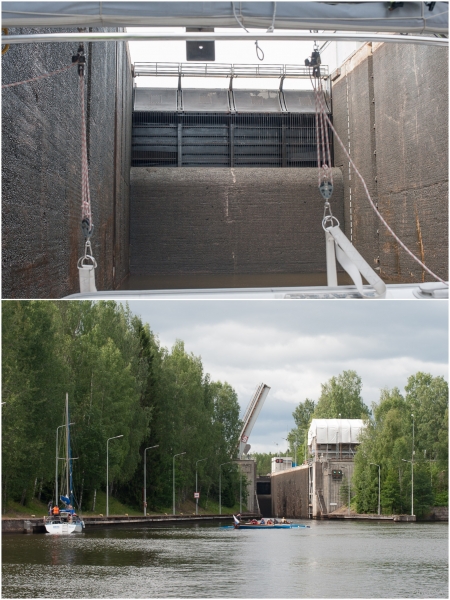 „Am Pälli Lock ist die Border Control, dort darf man nicht fotographieren, denn die Wellblechbude ist ein großes Geheimnis in der Grenzsicherung. Unten: Ja, richtig gesehen, ein russisches Ruderboot fährt in die Schleuse ein, dahinter ein russischer Segler. Wir haben keine Ahnung, wohin die noch rudern wollen, denn oben beginnt ganz bald Finnland.“