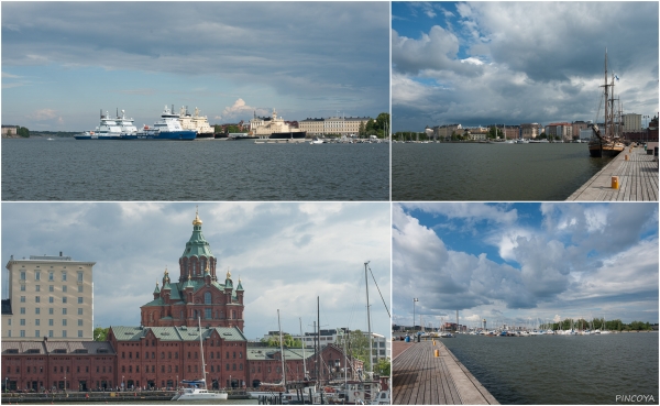 „Hafenansichten: oben links die Eisbrecherflotte, die auf den Winter wartet; oben rechts der Blick auf die Katajanokka Marina von gegenüber; unten rechts die Pohjoissatama Marina; unten links die usbekische Kathedrale direkt an dem Hafen.“