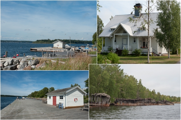 „Die Pier von Nörrbyskär; rechts: mehrere Holzkähne rotten so langsam vor sich hin.“