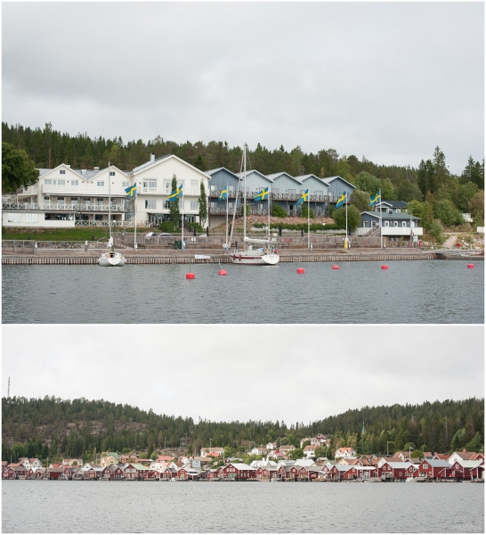 „Unser Liegeplatz vor dem Hotel auf Nörra Ulvön und die Stadt, wo hinter den Bootshäusern gerade die »Surströmming«-Premieren stattfinden.“