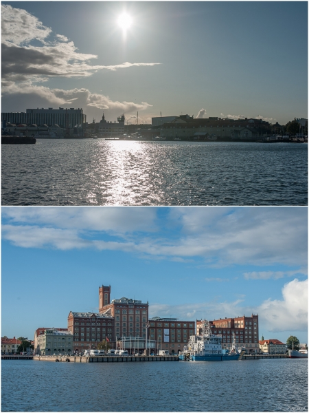 „Hafenausfahrt von Kalmar, oben der Yachthafen im Gegenlicht….“
