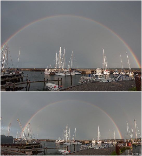 „Wunderbarer Regenbogen zur Entschädigung. Weil mein Weitwinkel nicht ausreicht, setze ich den unteren Bogen aus 6 Bildern zusammen, so sieht man auch, dass er doppelt ist.“