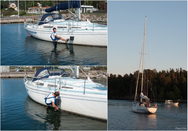 „Axel versucht das Unterwasserschiff etwas zu reinigen. Algen und Muscheln fanden das Antifouling nicht so abstoßend, wie sie es eigentlich finden sollten. Dann brechen die beiden wieder auf.“