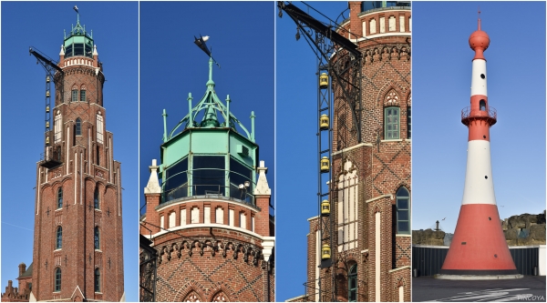 „Der alte und der alte Leuchtturm, beide an der Schleuse zum neuen Hafen.“