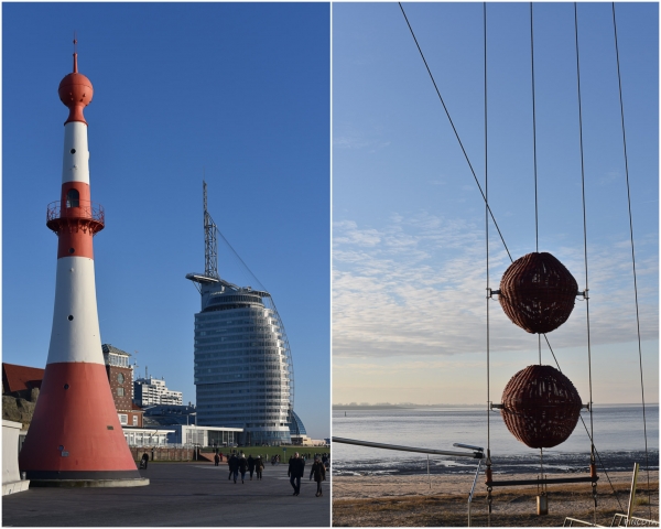 „Das Atlantic Hotel und zwei Bälle des Wasserstandanzeigers am Weserstrandbad.“