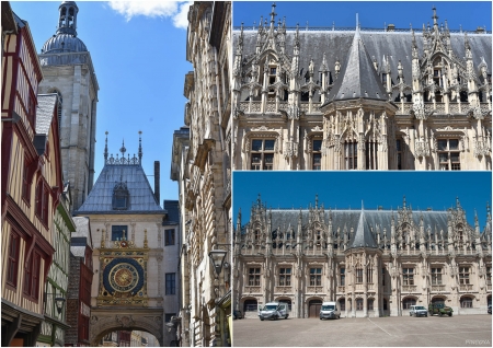 „Der Uhrenturm von Rouen, Le Gros-Horloge, und der Justiz-Palast“