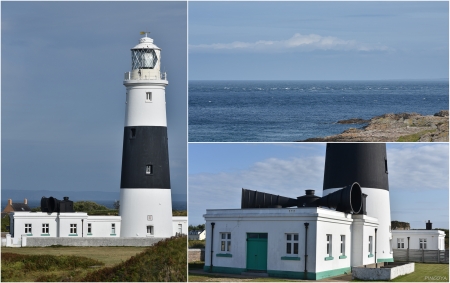 „Der Leuchtturm mit seinen Nebelhörnern, oben rechts die klassischen Overfalls im Race von Alderney.“