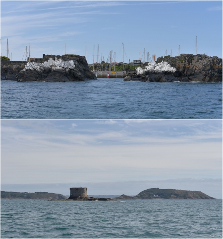 „Ausfahrt + der Brehon-Tower zwischen Guernsey und Herm.“