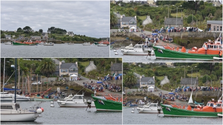 „Immer mehr Boote kommen und auch die Gemeinde versammelt sich. Unten links: das Kanzelboot in Position.“