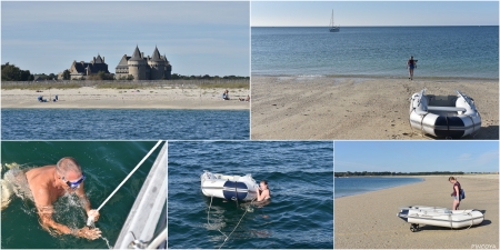 „Sommerbaden und Loggenreinigung in der Bucht vor dem Château Suscinio. Ja, man kann sie auch innen rausnehmen, aber »never touch a dichtes system«! Ein alte Seemannsregel!“