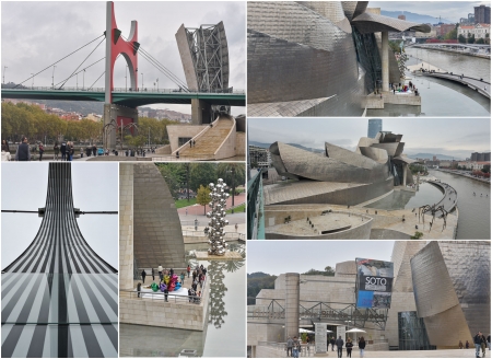 „Unten links die Innenflanke des roten Brückenbogens neben dem Guggenheim - Museum“