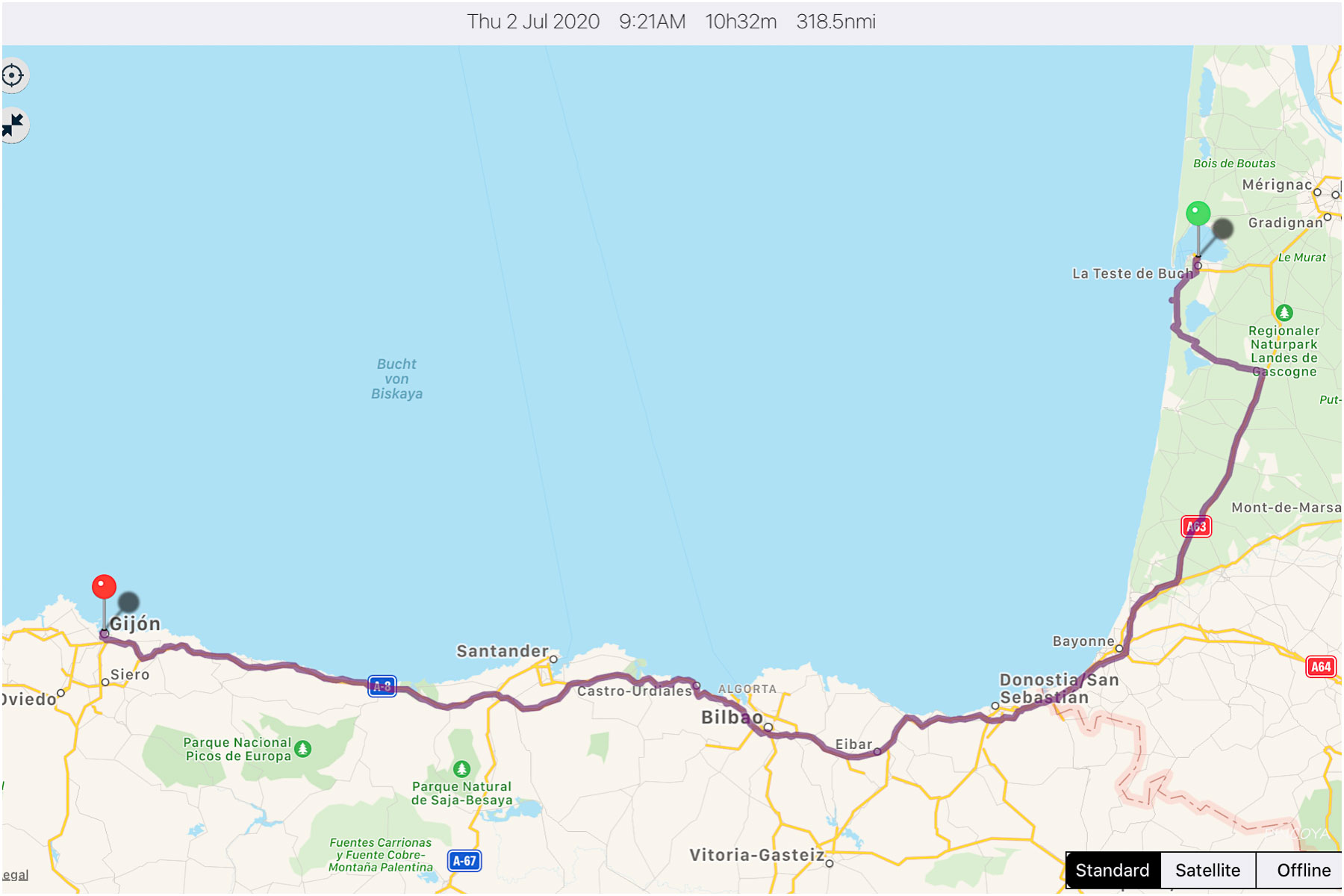 „von Arcachon -> über die Dune du Pilat und Biscarrosse -> nach Gijón“