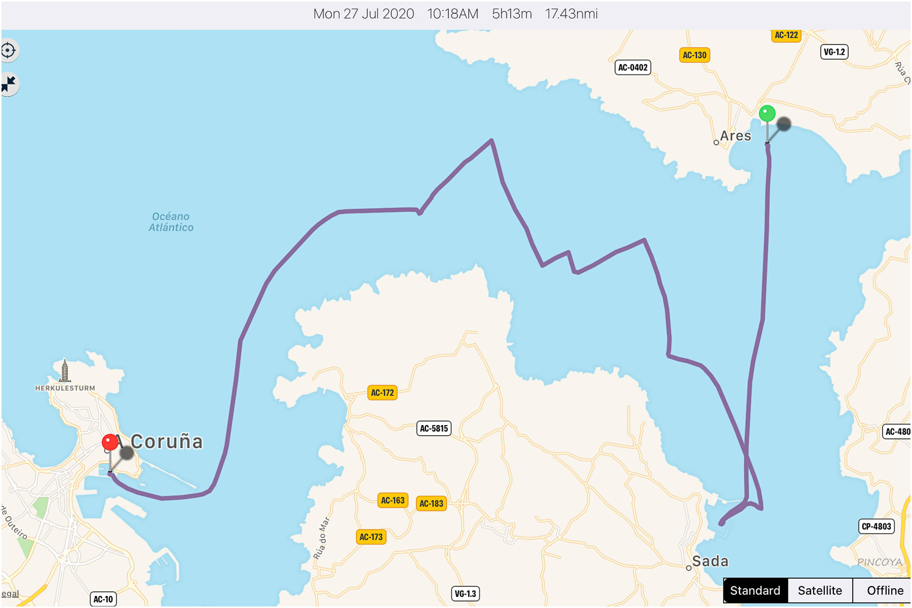 „von Ares -> via Sada -> nach A Coruña“