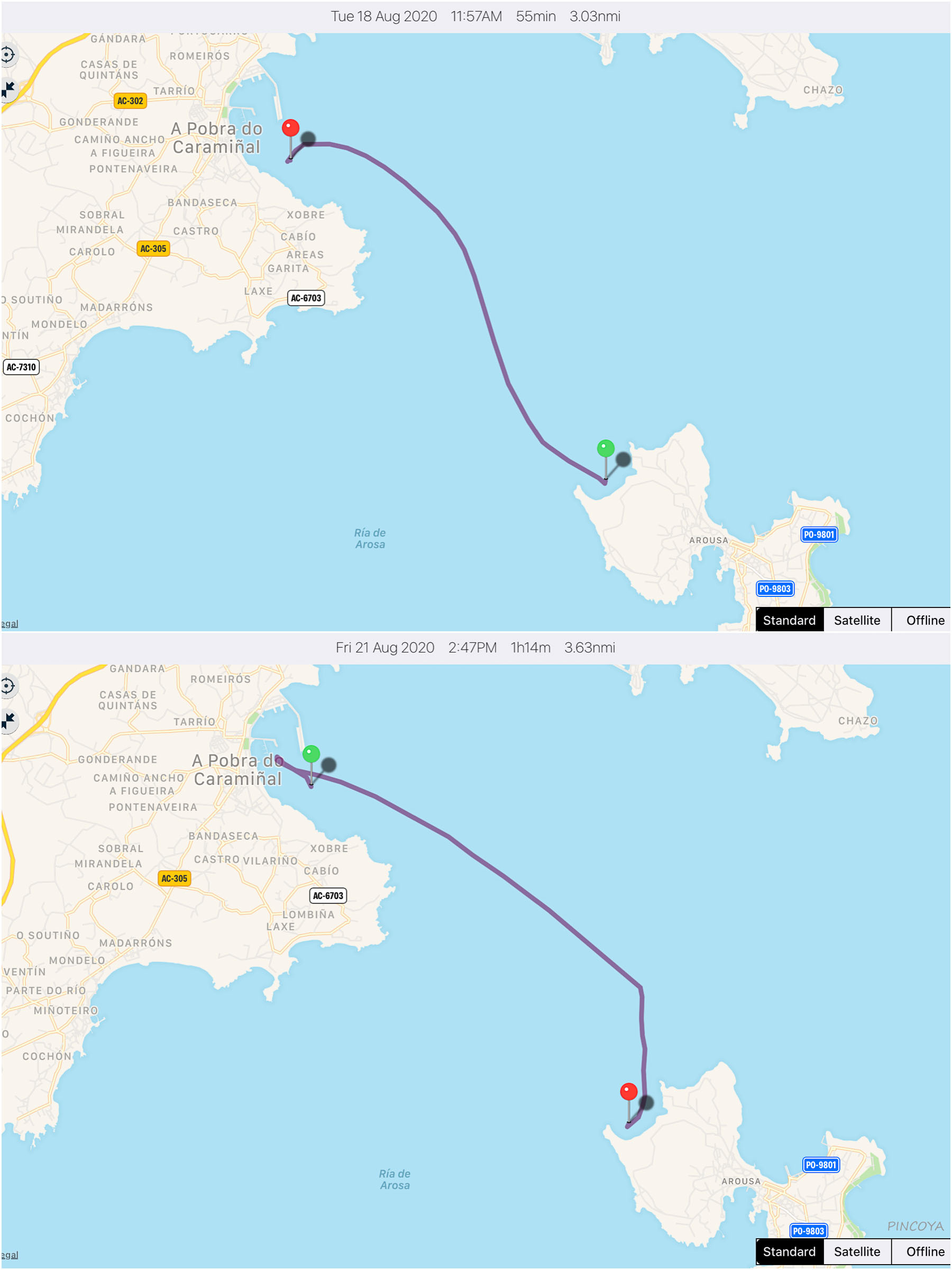 „einmal hin und einmal zurück: Playa de La Secada der Isla de Arousa <-> vor A Pobra do Caramiñal“