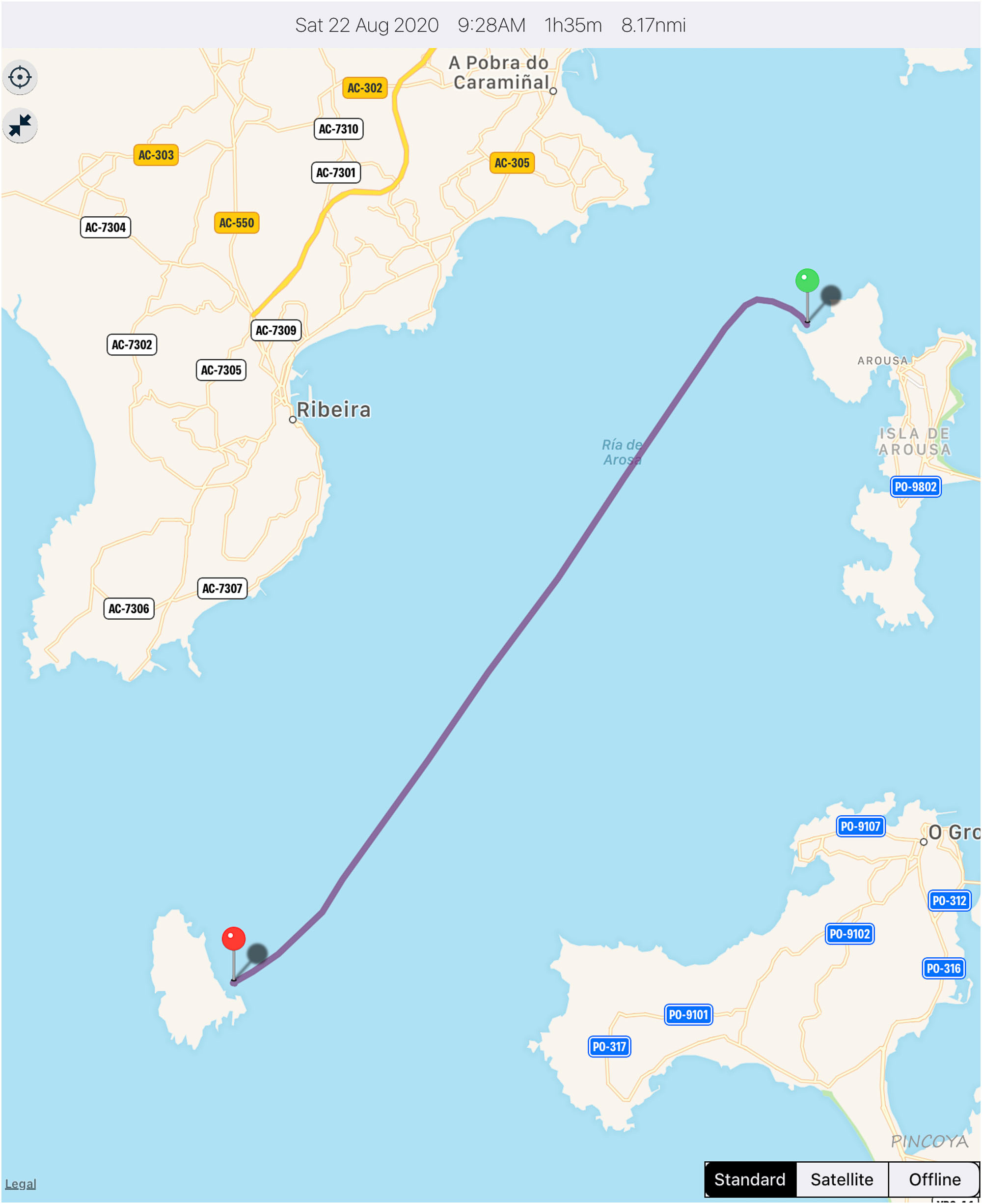 „vom Playa de La Secada der Isla de Arousa im Ría de Arousa -> vor die Isla Sálvora“