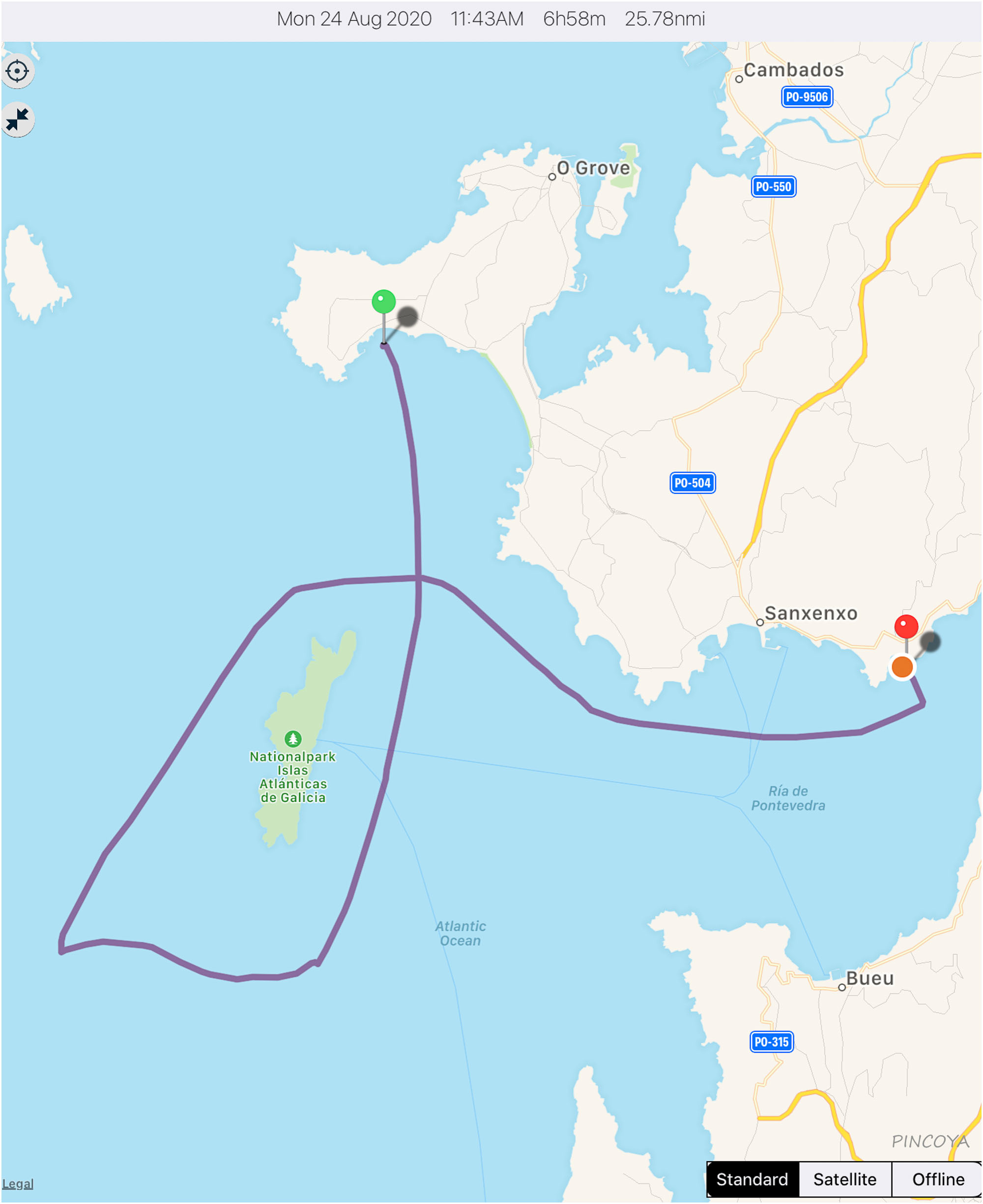 „von San Vicente do Grove -> rund Isla Ons -> und ab in den Ría de Pontevedra vor den Playa de Agra“