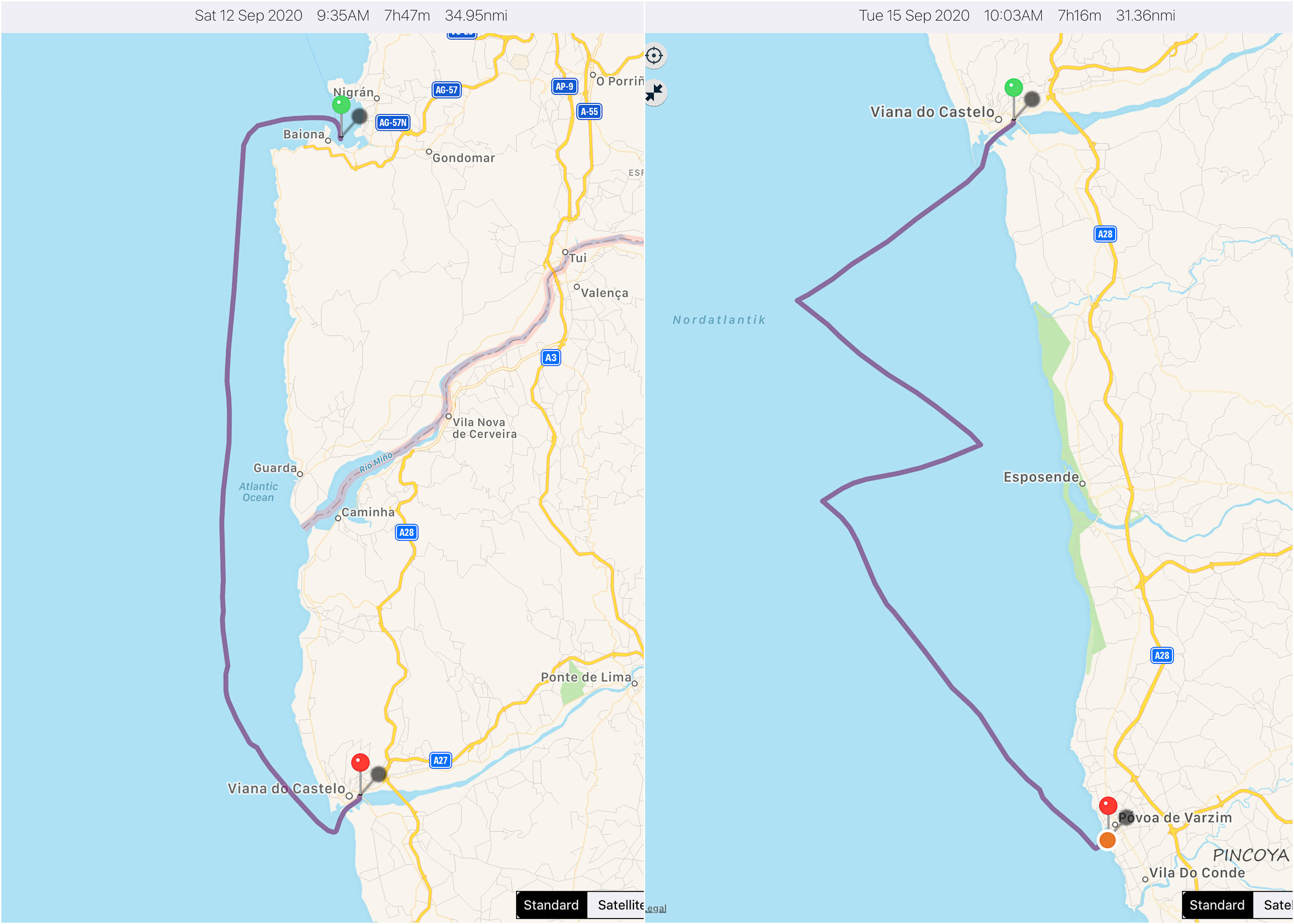 „in zwei Schlägen von Baiona -> via Viana do Castelo -> nach Póvoa de Varzim“