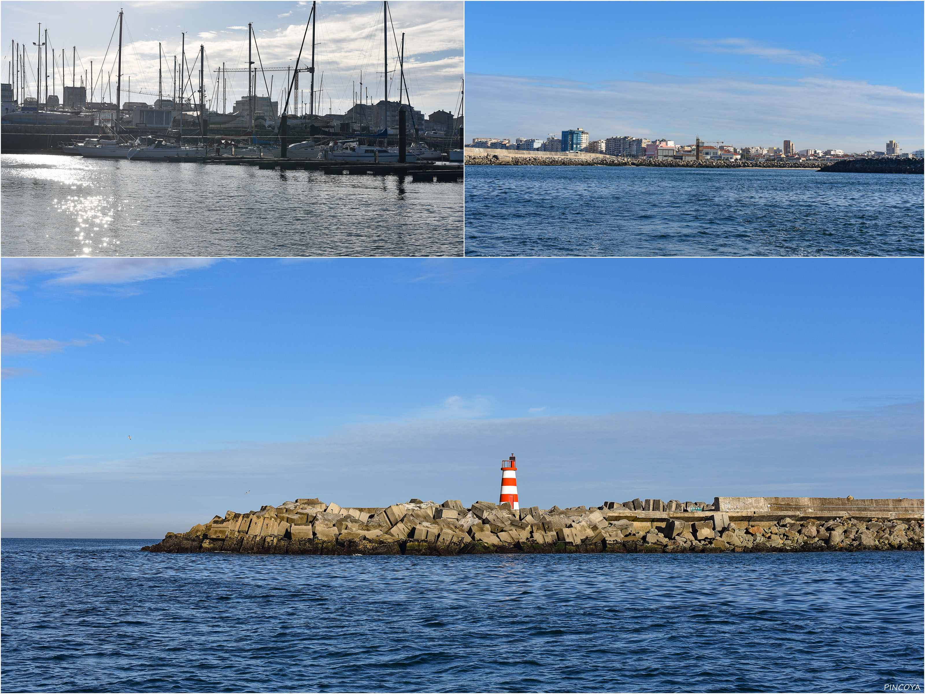 „Der Leuchtturm von Póvoa de Varzim zeigt sich zur Ausfahrt dann doch noch mal in der Sonne.“