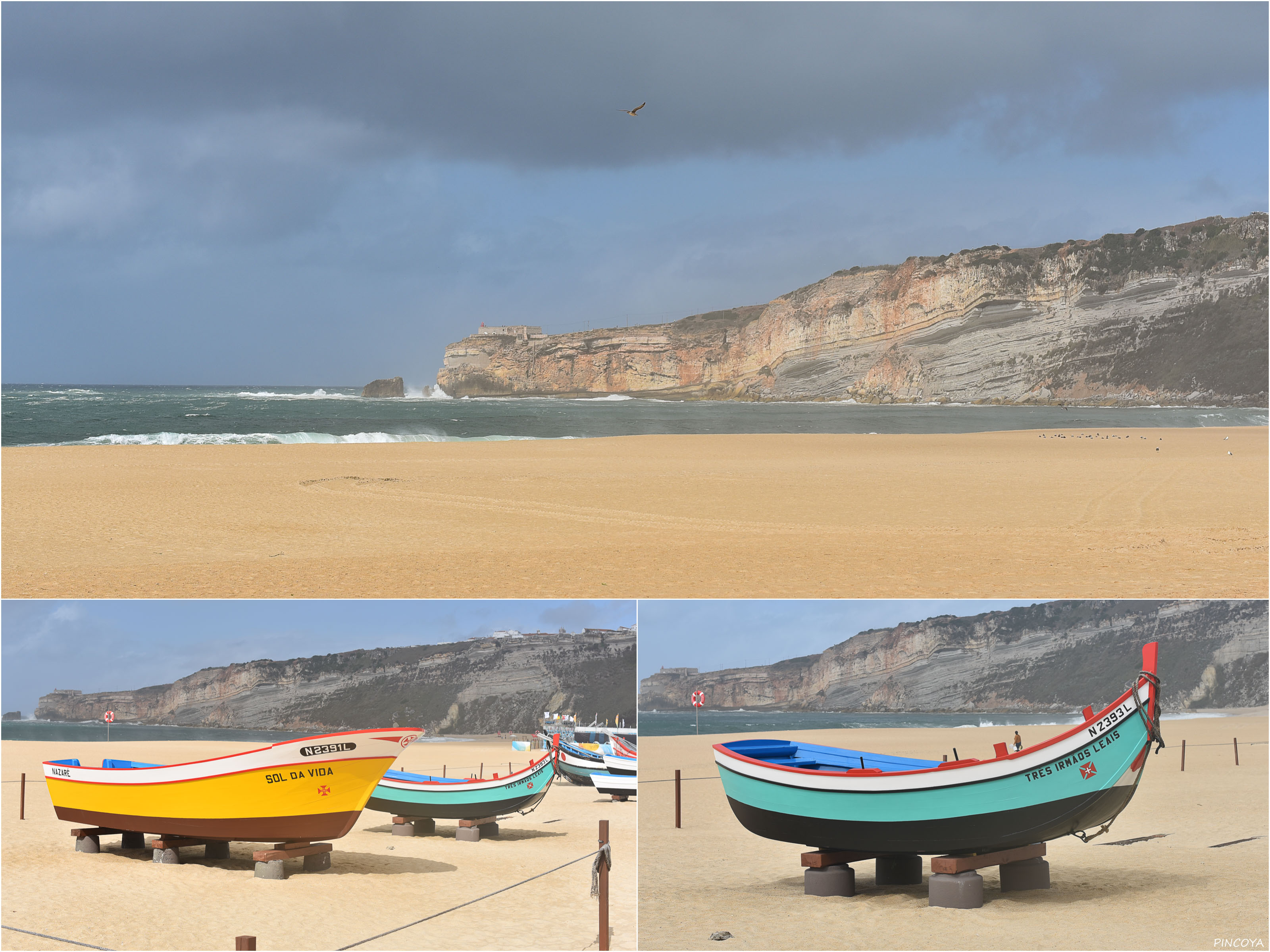 „Der Strand von Nazaré im Dunst des Sprays der Wellen“