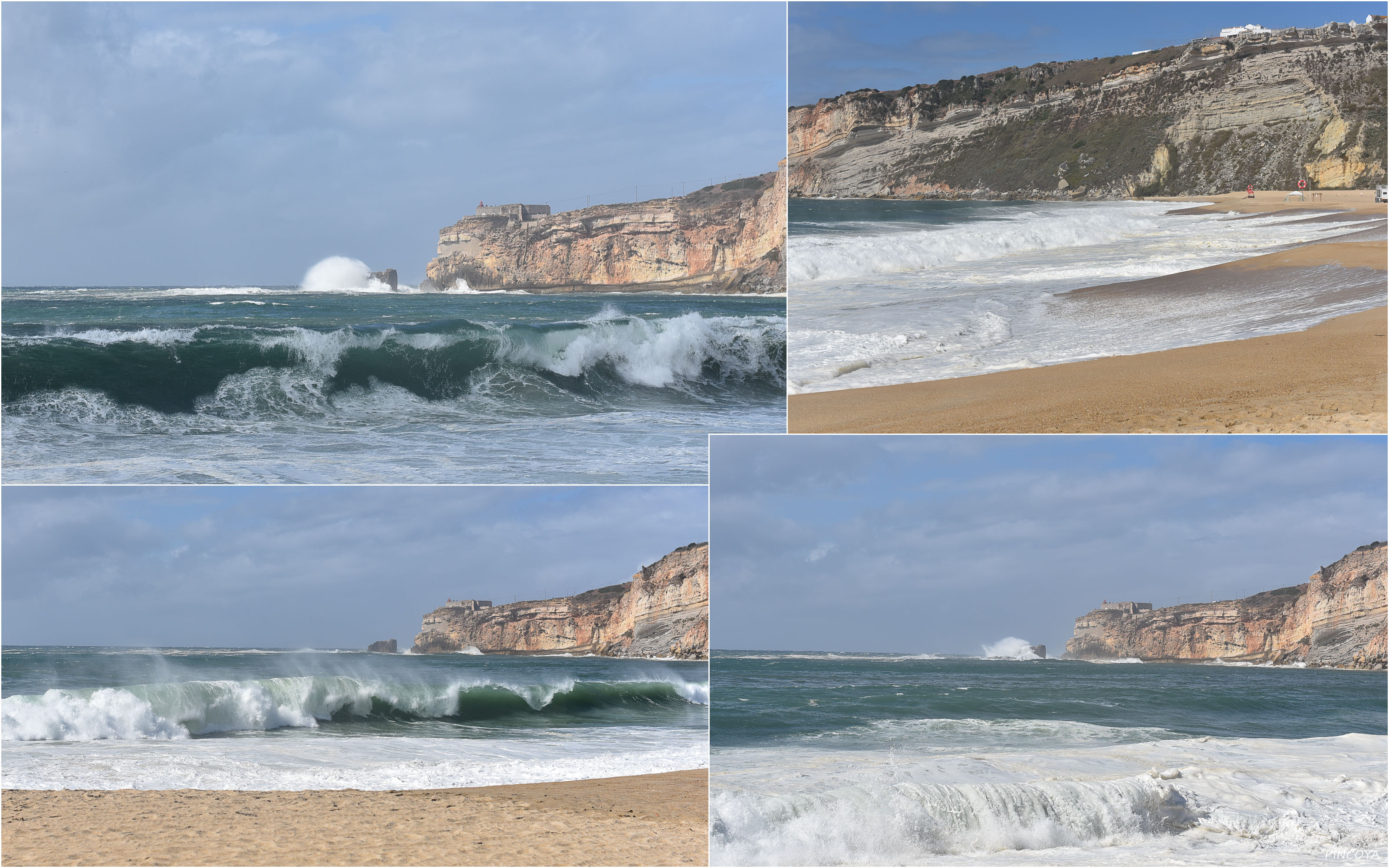 „Vor dem Leuchtturm von Nazaré brechen sich die Wellen über den Felsen“