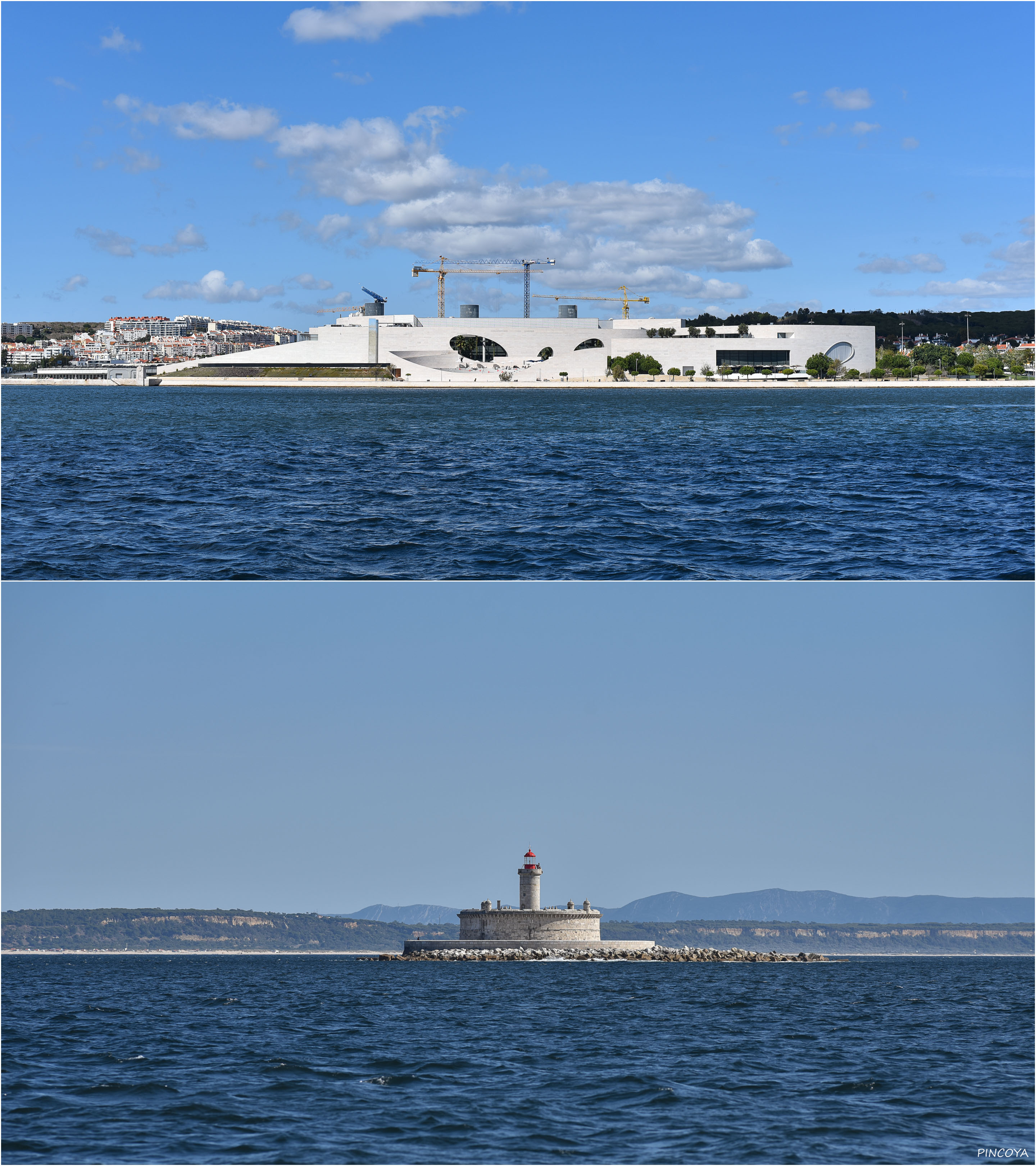 „Oben das Gebäude der Fundação Champalimaud und unten das Forte de São Lourenço da Cabeça Seca bzw. der Farol do Bugio, ab dem uns unser Weg nach Süden führt“