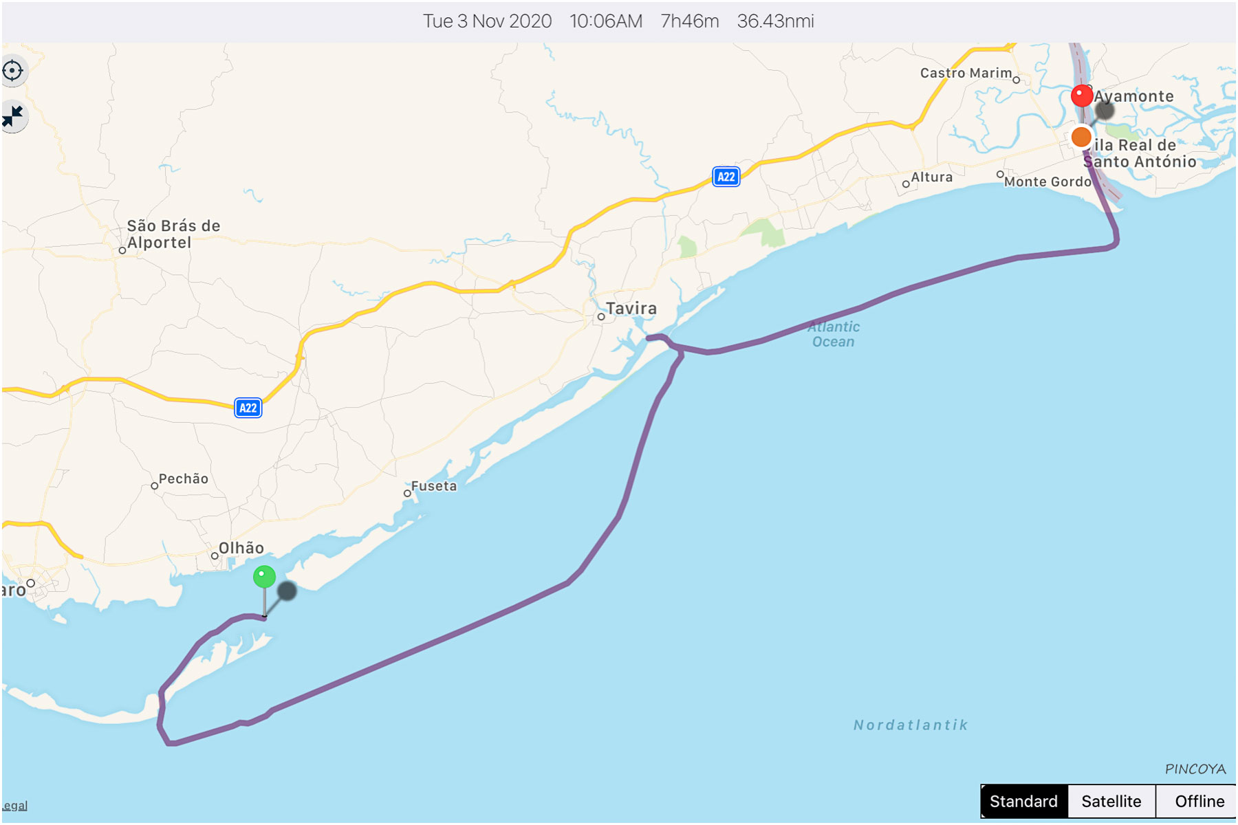 „von Culatra II [A] -> via Tavira -> nach Vila Real de Santo António im Rio Guadiana noch auf portugiesischer Seite“