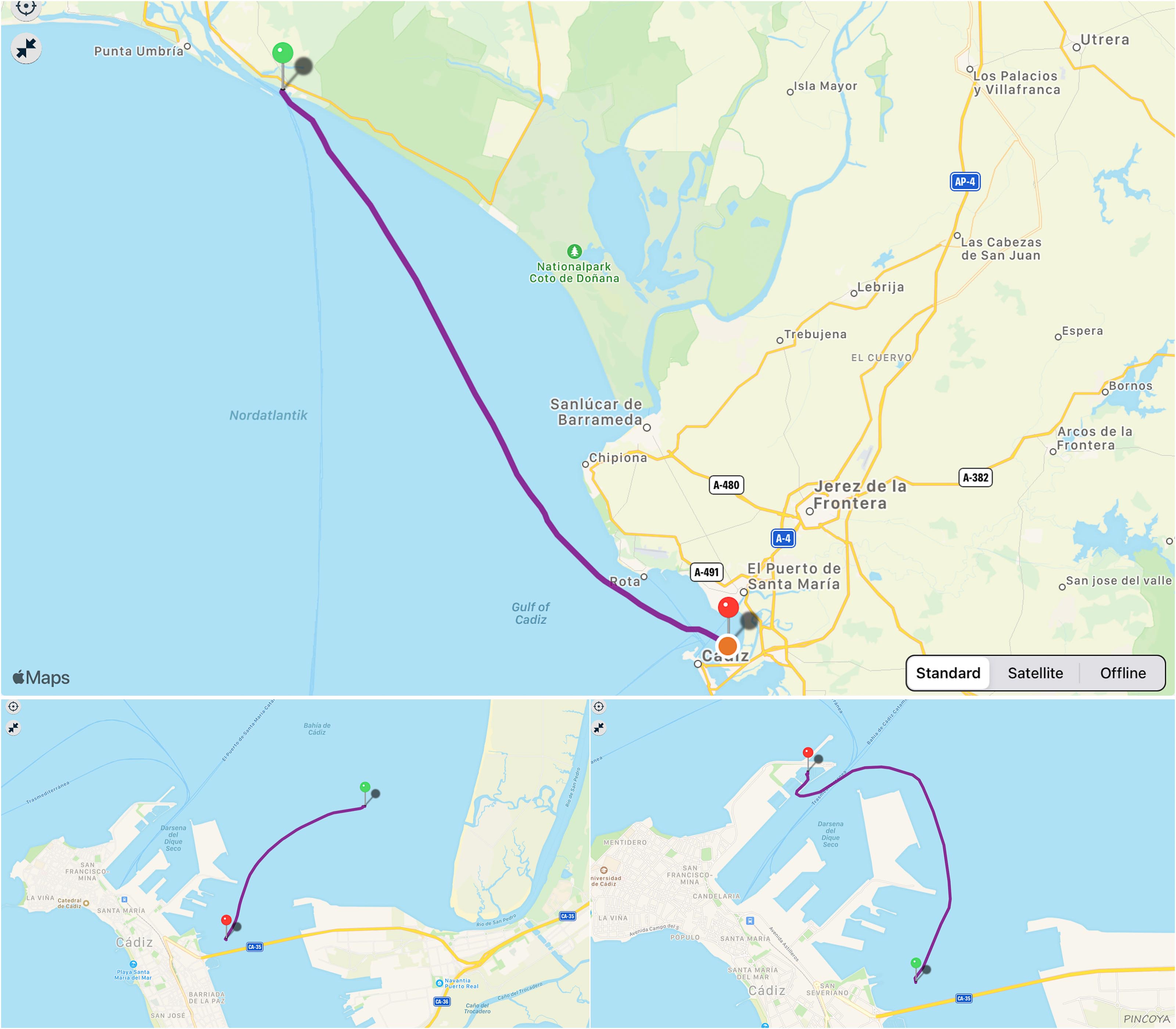 „von Mazagón [A] -> mit zwei Ankerstops -> bis in die Marina Cádiz“