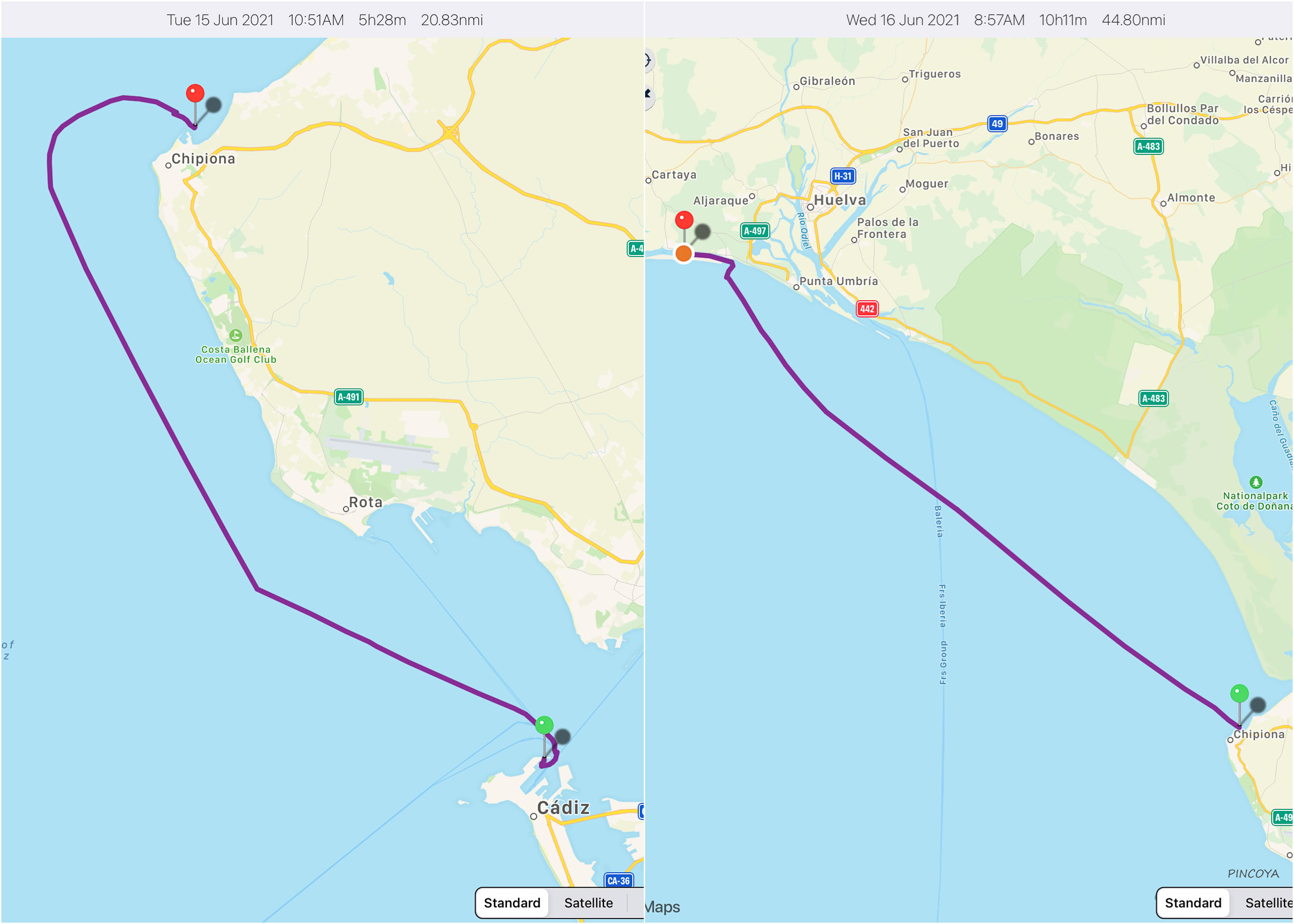 „von der Marina Cádiz -> via Chipiona -> nach El Rompido“