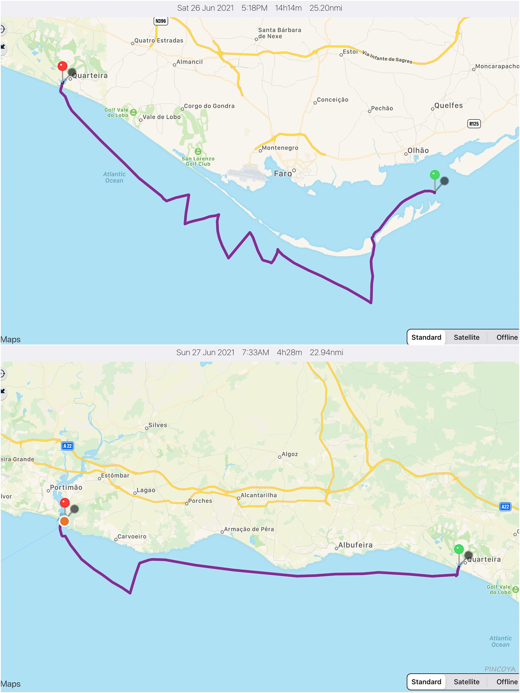 „von Culatra -> via Vilamoura -> nach Portimão. Unten sieht man gut, wann der Wind gedreht hat.“