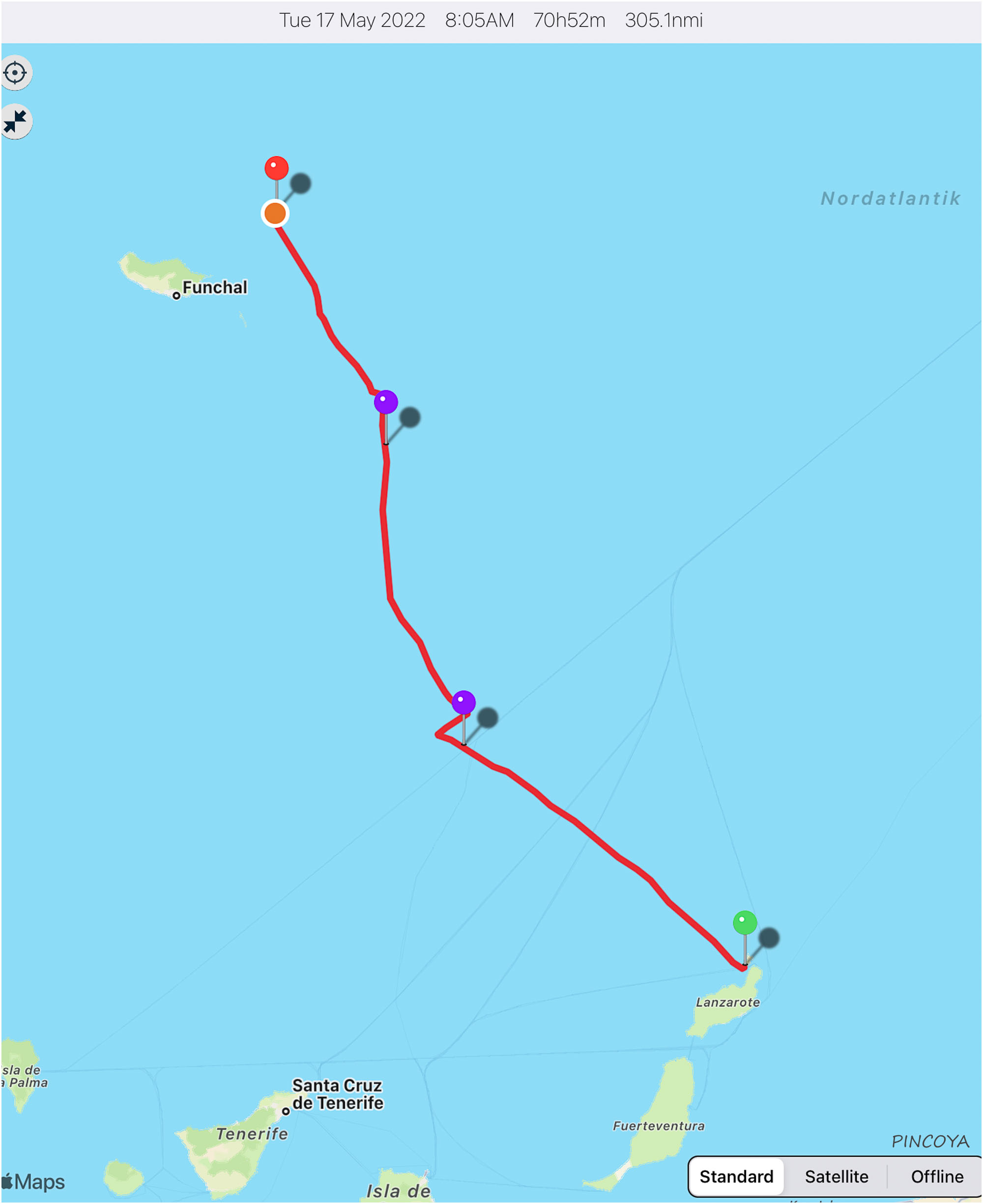 „von der Isla La Graciosa -> nach Porto Santo (die lila Nadeln sind die Tage bzw. jeweils 24h)“