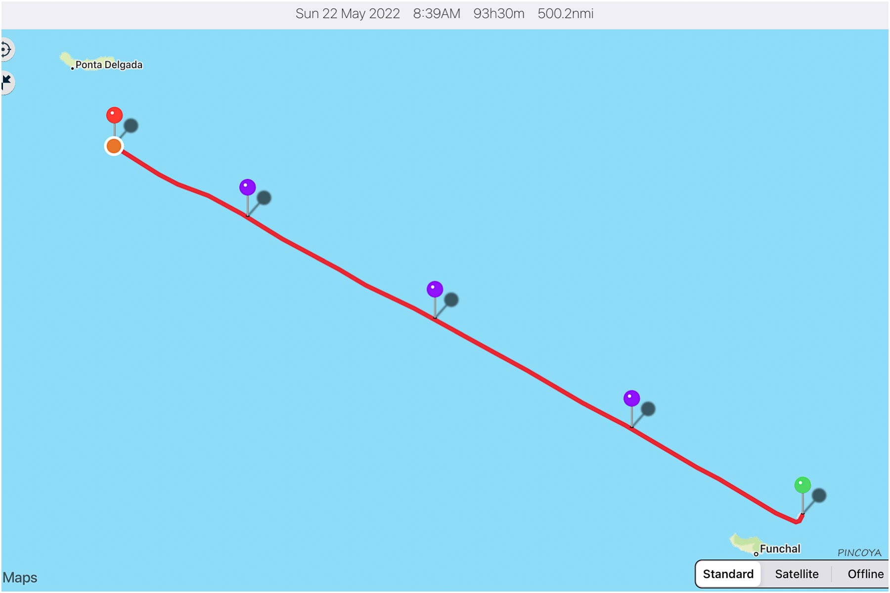 „von Porto Santo, Madeira -> nach Santa Maria, Azoren (lila Nadeln = Tage)“