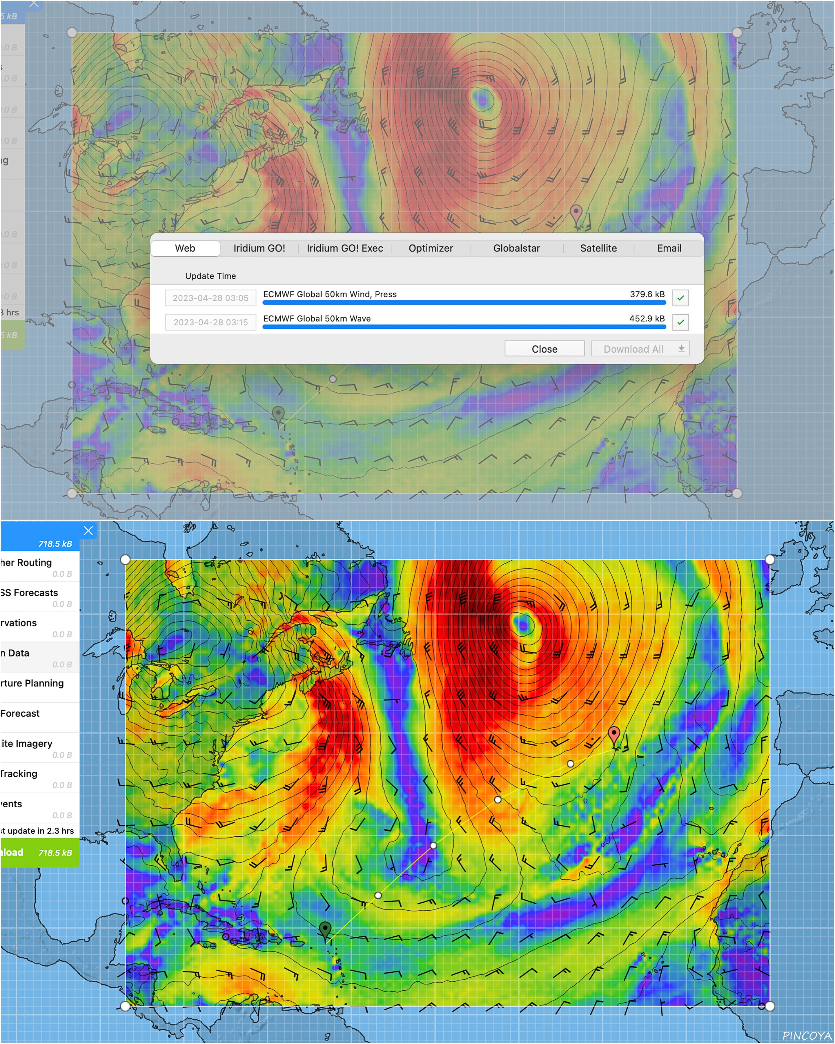 „4 Tage, 12 Stunden Intervall, ein Modell (Wind, Druck, Wellen), 50 km Auflösung, 718 kB“