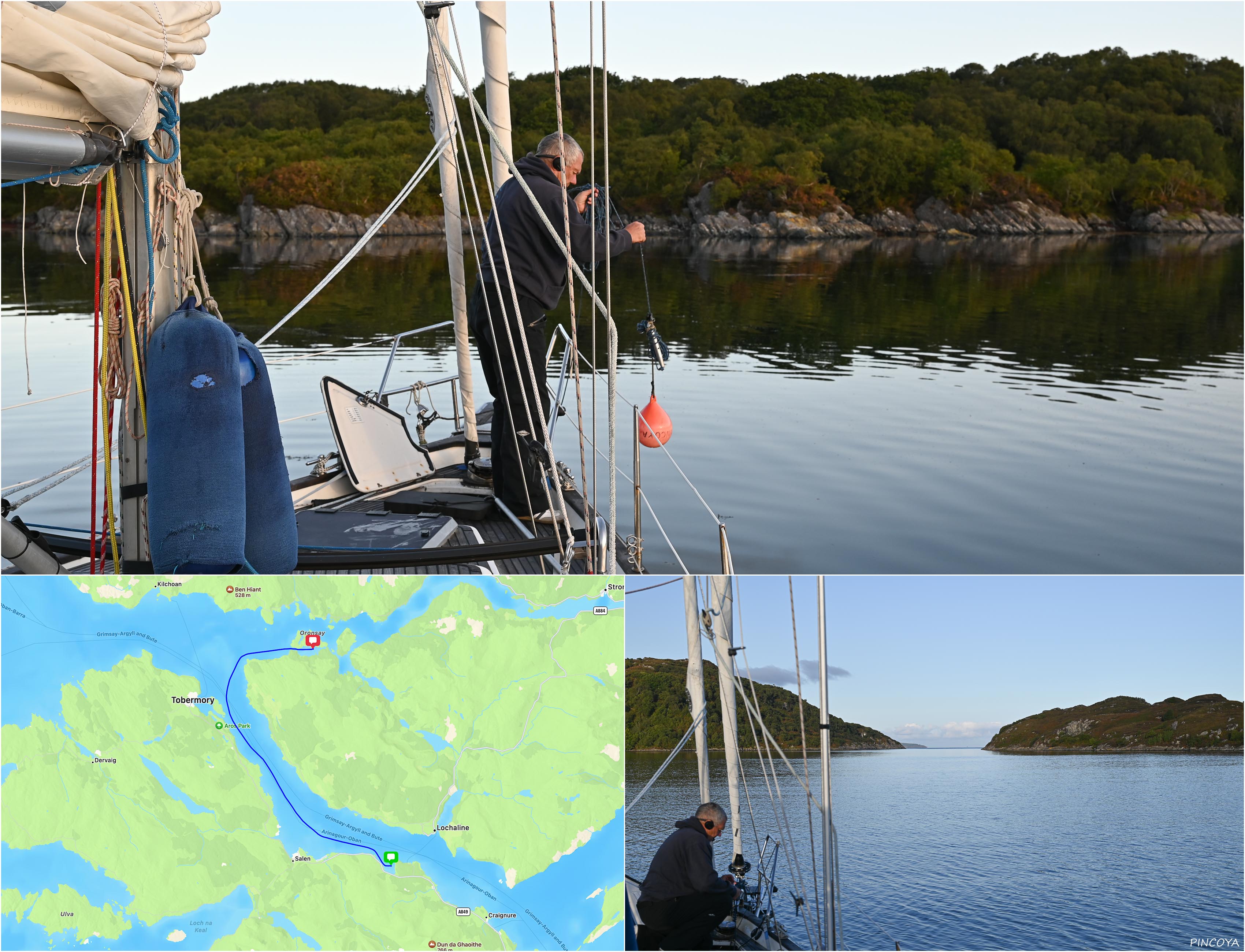 „Da ist unsere Ankerboje wieder. Es geht von Loch Na Droma Buidhe -> in die Fishnish Bay“