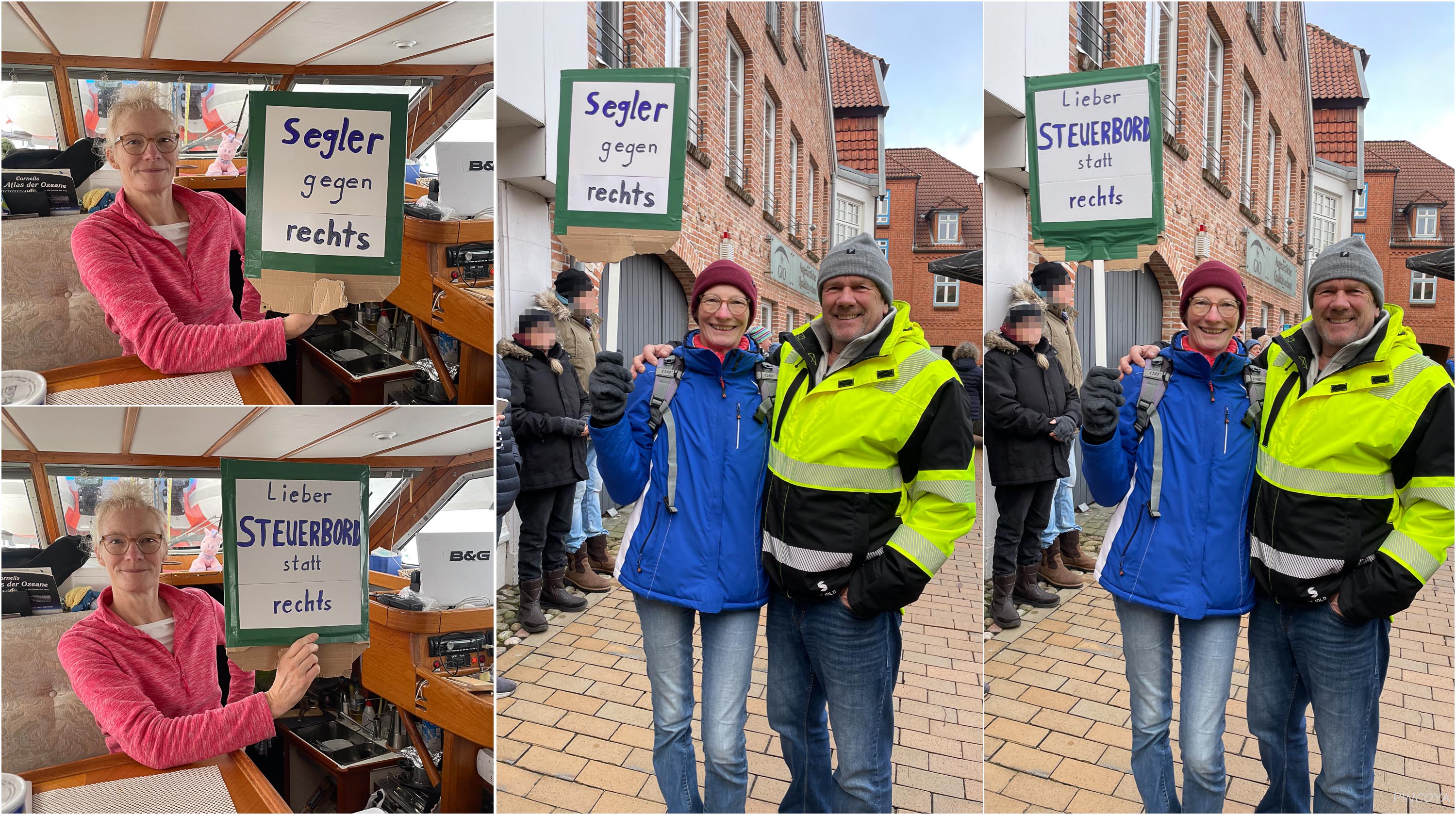 „Und schnell noch Plakat für die Demo. Wenn wir nicht in Hannover gehen, dann verstärken wir mal die Rendsburger. Und das mit Erfolg, mit dem Schild werden wir zum Treffpunkt der Segelgemeinde. 😂 “