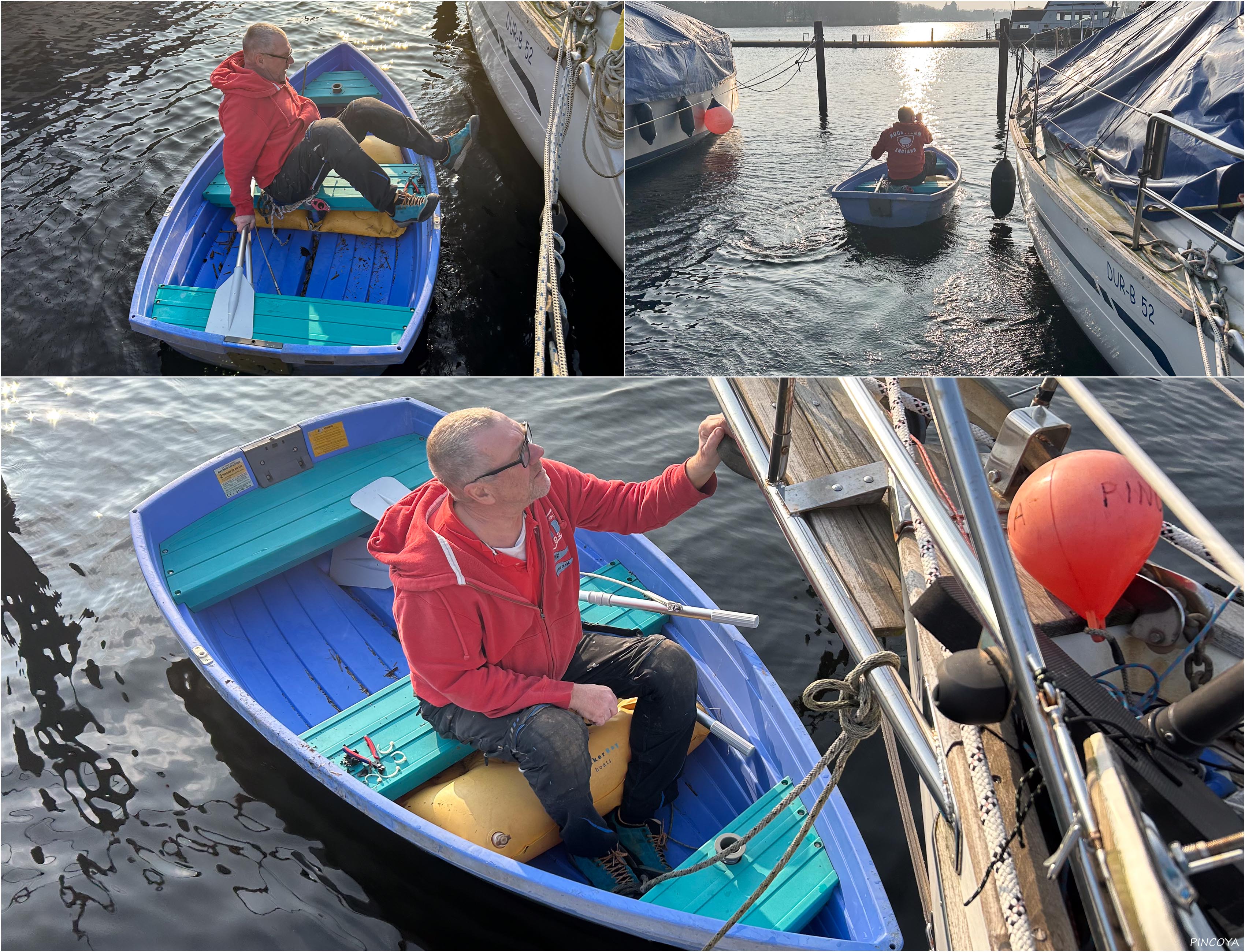 „Auf zum Wasserstag! Das geliehene Dinghy ist etwas kippelig und will mich nicht nur einmal abschütteln.“