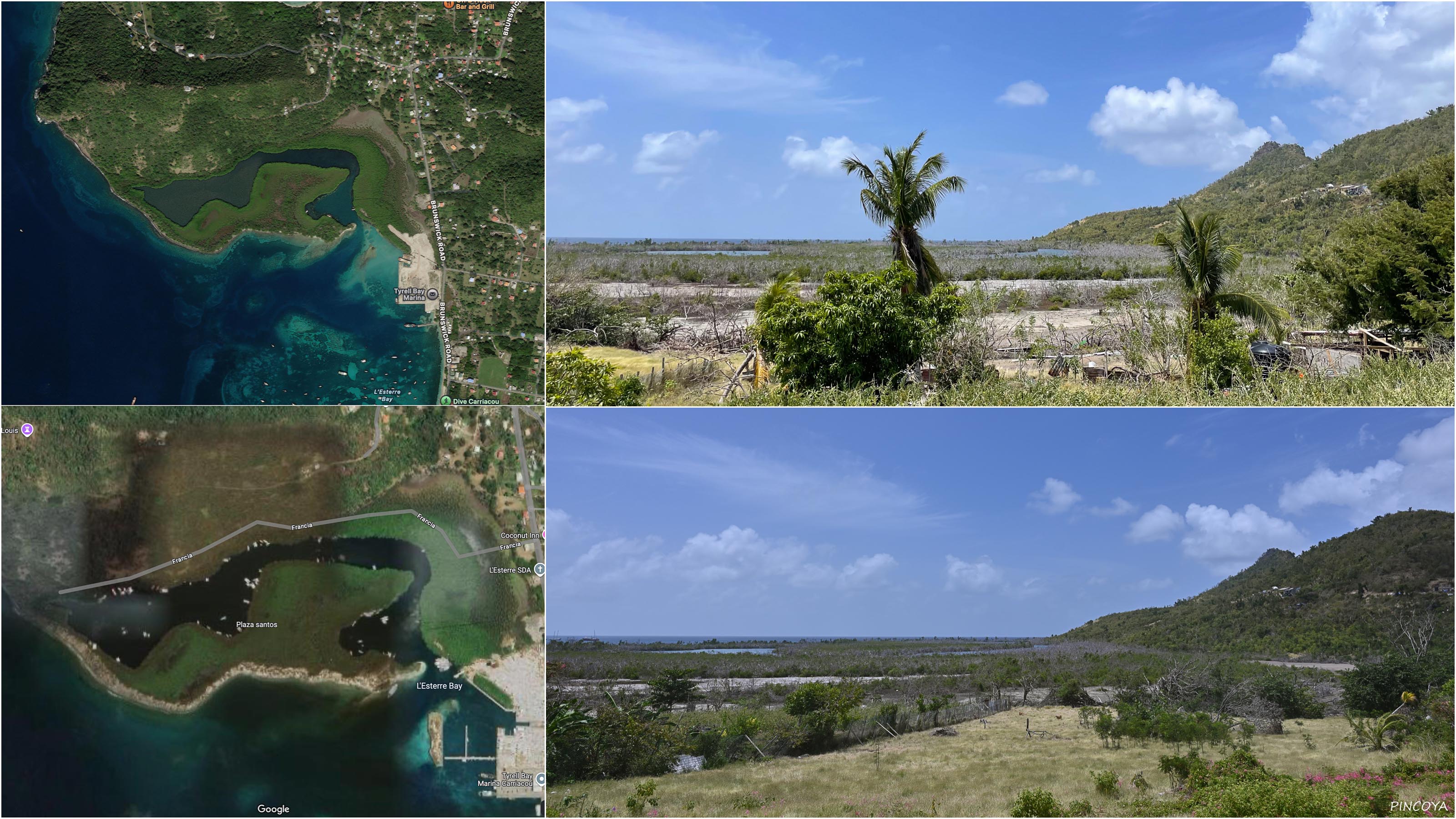 „Das sogenannte Hurricane Hole. Links Satellitenbilder oben vorher unten nachher. Siehe auch Video“